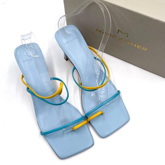 Marc Fisher Calida Sandals Blue Yellow Leather Strap Square Open Toe Sz 10 - Picture 1 of 9